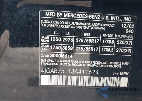 2003 Mercedes-Benz Ml 500 из США, поврежденный, VIN 4JGAB75E13A411624